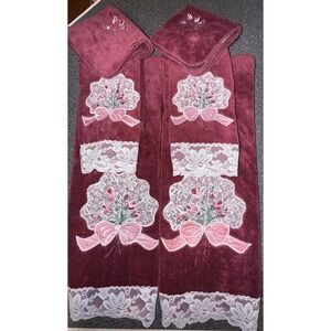 Vtg Embroidered JC Penny's Home Collection Maroon  Towels 2 Bath /2 Hand/ 2 Wash